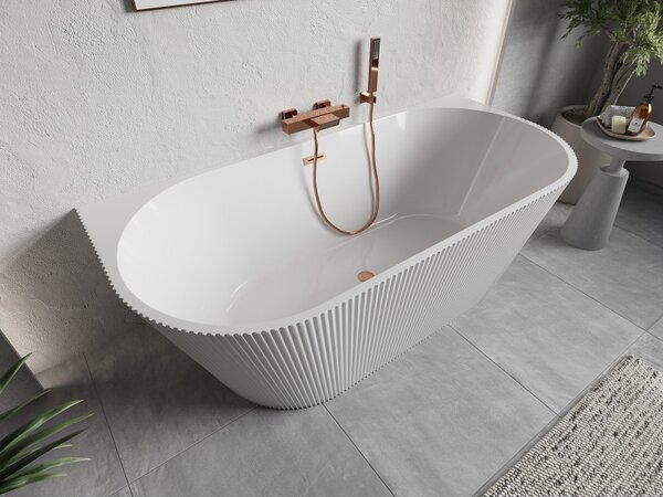 Cadă de baie independentă Mexen Oris cu caneluri 150 x 75 cm, alb lucios, preaplin cupru mat, 52871507500-65