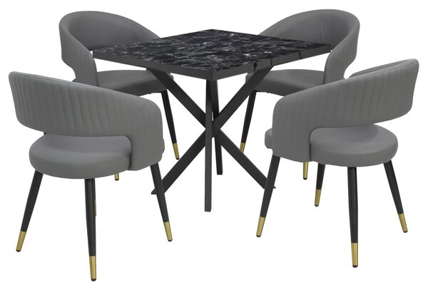 Masă fixă Pătrată Tania X Negru cu 4 scaune Piele Ecologică Monaco Gri