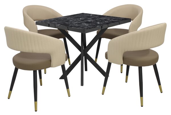 Masă fixă Pătrată Tania X Negru cu 4 scaune Piele Sintetică Monaco Maro Crem