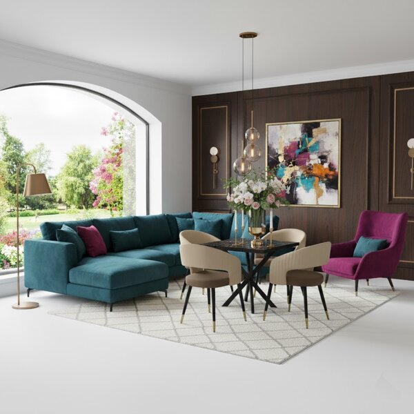Masă fixă Pătrată Tania X Negru cu 4 scaune Piele Sintetică Monaco Maro Crem