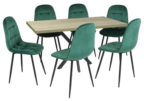 Masă fixă Dreptunghiulară Tania X Stejar cu 6 Scaune Gya Verde