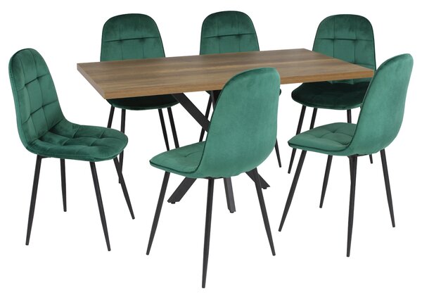 Masă fixă Dreptunghiulară Tania X Nuc cu 6 Scaune Gya Verde