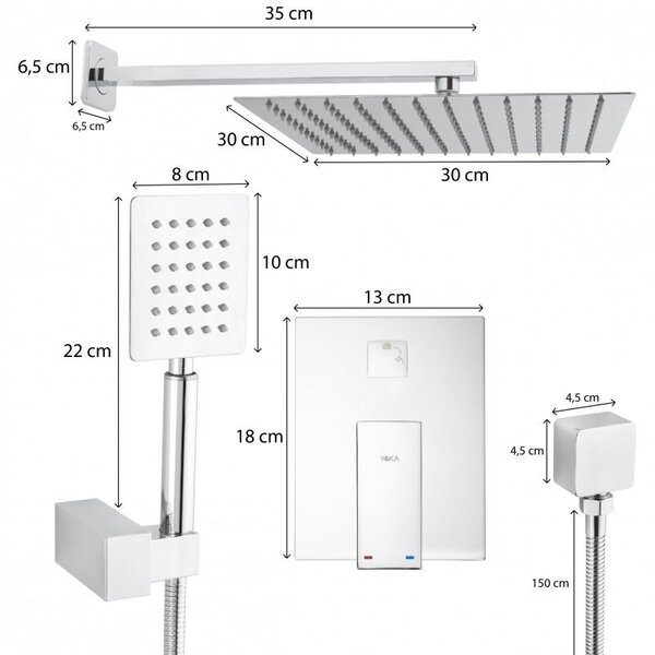 Set de duș încastrat Erga Dual cu duș tip ploaie 30×30, cromat, ERG-YKA-BP.DUAL30
