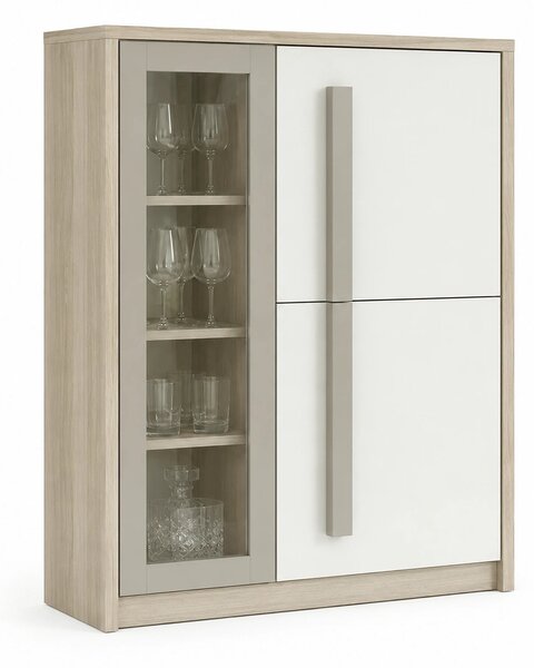 Comoda ROMA 2A, alb/stejar, PAL/PVC/sticla, 90x43x130 cm