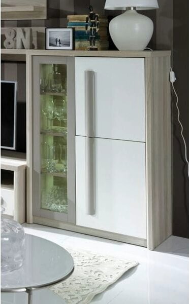 Comoda ROMA 2A, alb/stejar, PAL/PVC/sticla, 90x43x130 cm