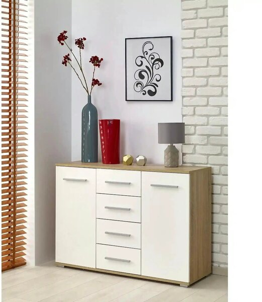 Comoda LIMA KM4, alb/stejar sonoma, PAL, 116x40x82 cm