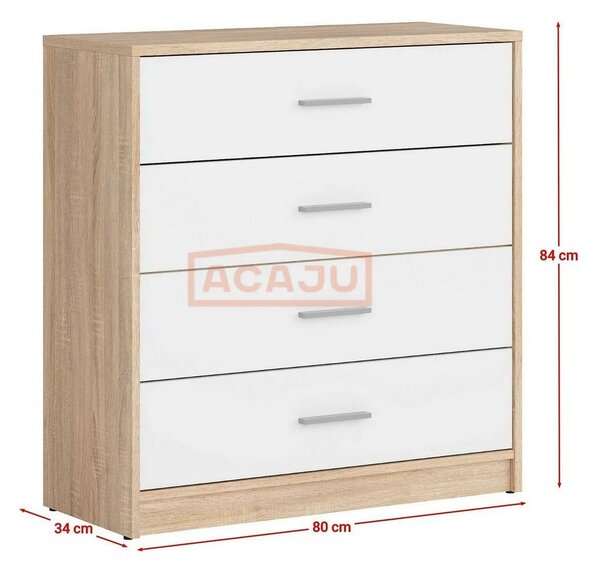 Comoda NEPO PLUS, alb/stejar sonoma, PAL laminat, 80x34x84 cm