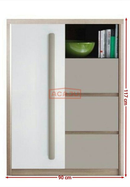 Comoda ROMA 8, stejar Ferrara/alb lucios/gri mat, PAL/PVC, 90x43x117 c