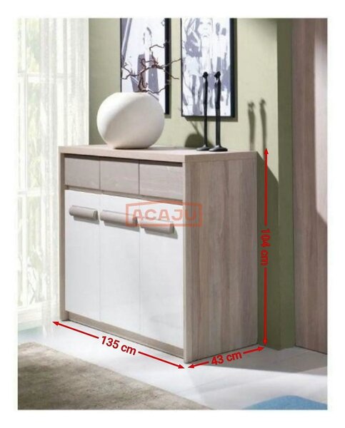 Comoda ROMA 12, stejar Ferrara/alb lucios/gri mat, PAL/PVC, 135x43x104
