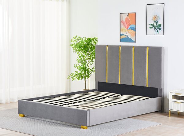 Pat Tapitat Catifea Gri 160x200 cm cu Somiera si Saltea Inclusa , Cod LB-214