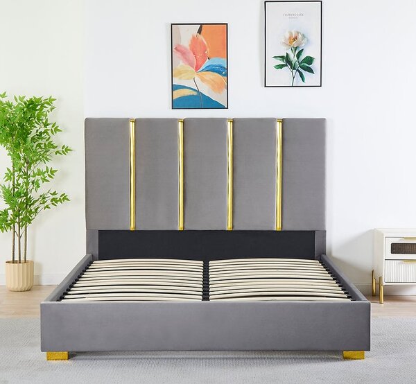 Pat Tapitat Catifea Gri 160x200 cm cu Somiera si Saltea Inclusa , Cod LB-214