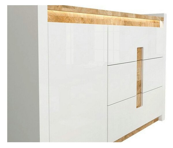 Comoda ALAMEDA, alb lucios/stejar, PAL, 147x41x97 cm