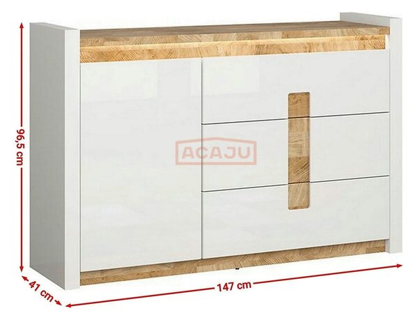 Comoda ALAMEDA, alb lucios/stejar, PAL, 147x41x97 cm