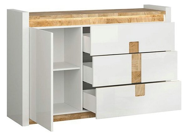 Comoda ALAMEDA, alb lucios/stejar, PAL, 147x41x97 cm