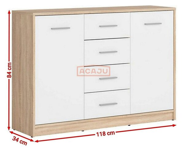 Comoda NEPO PLUS, alb/stejar sonoma, PAL laminat, 119x34x84 cm