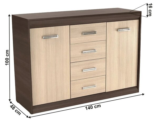 Comoda KORINA, stejar/wenge, DTD laminat, 140x48x100 cm