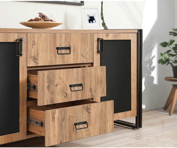 Comoda Arcas Tonya, pin atlantic/negru, PAL melaminat, 160x45x80 cm