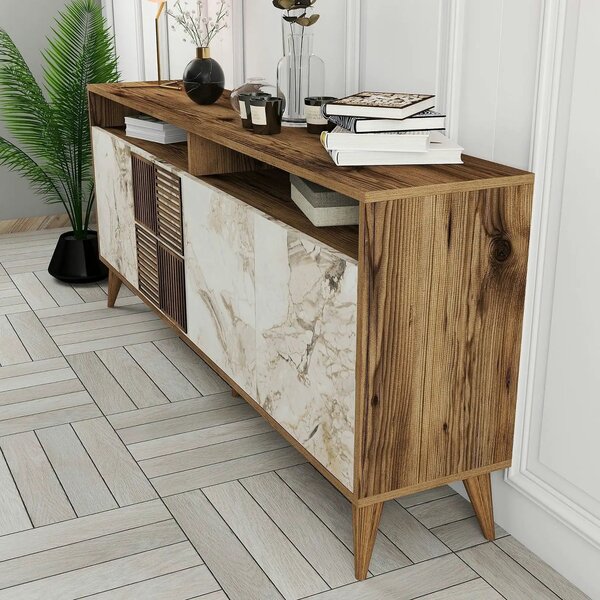 Comoda moderna living MILAN, alun/alb cu efect de marmura, PAL, 180x35