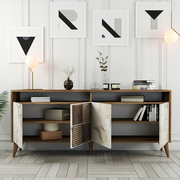 Comoda moderna living MILAN, alun/alb cu efect de marmura, PAL, 180x35