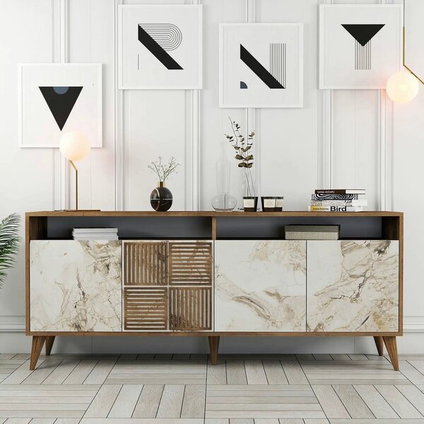 Comoda moderna living MILAN, alun/alb cu efect de marmura, PAL, 180x35
