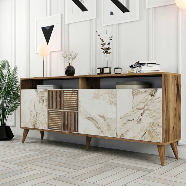 Comoda moderna living MILAN, alun/alb cu efect de marmura, PAL, 180x35