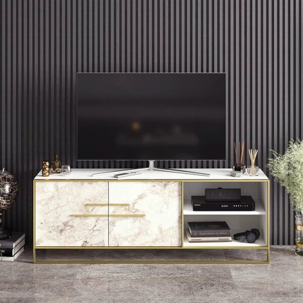 Comoda TV POLKA, alb/auriu, PAL melaminat/metal, 160x39x57 cm