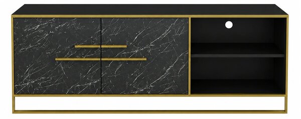Comoda TV POLKA, negru cu efect de marmura/auriu, PAL melaminat, 160x3