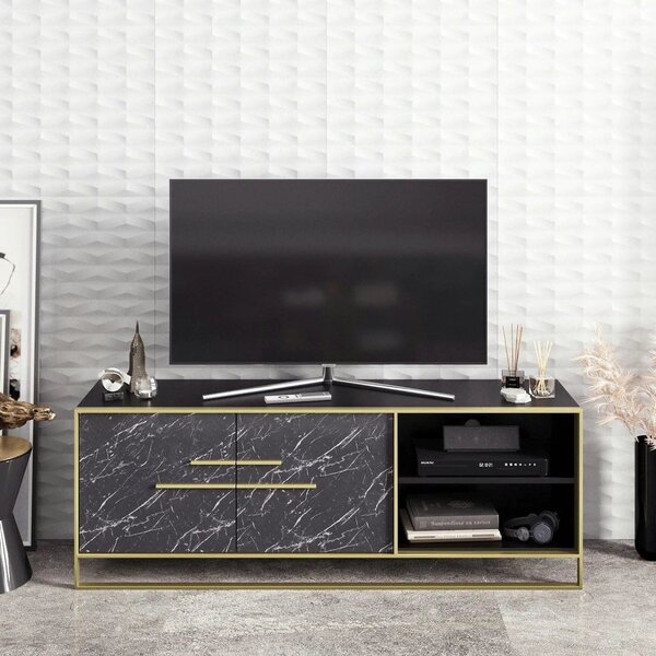 Comoda TV POLKA, negru cu efect de marmura/auriu, PAL melaminat, 160x3