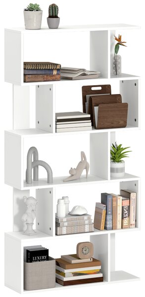HOMCOM Bibliotecă Asimetrică în Formă de S cu 5 Niveluri și 10 Rafturi Deschise, 80x24x159 cm, Alb | Aosom Romania