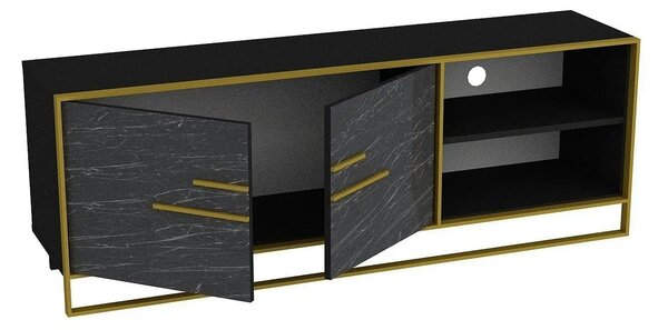 Comoda TV POLKA, negru cu efect de marmura/auriu, PAL melaminat, 160x3
