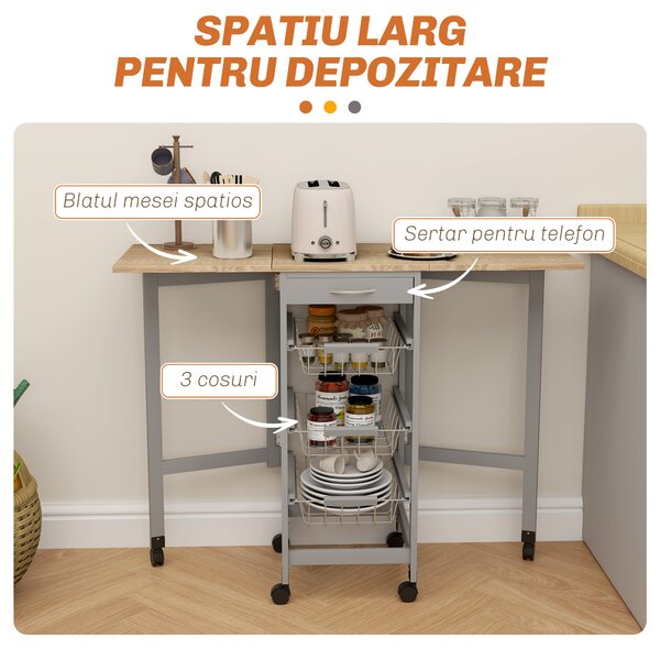 HOMCOM Cărucior de Bucătărie din Lemn și Metal cu 3 Coșuri, Sertar și Clapete, 37x37x77.5 cm, Gri | Aosom Romania