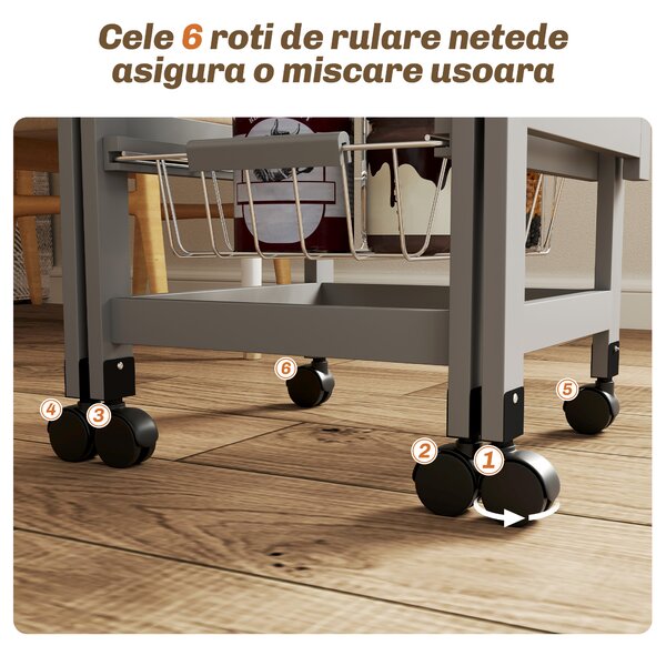 HOMCOM Cărucior de Bucătărie din Lemn și Metal cu 3 Coșuri, Sertar și Clapete, 37x37x77.5 cm, Gri | Aosom Romania