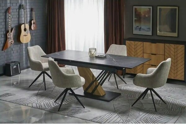 Masa extensibila moderna VOLANT, negru cu efect de marmura/stejar auri