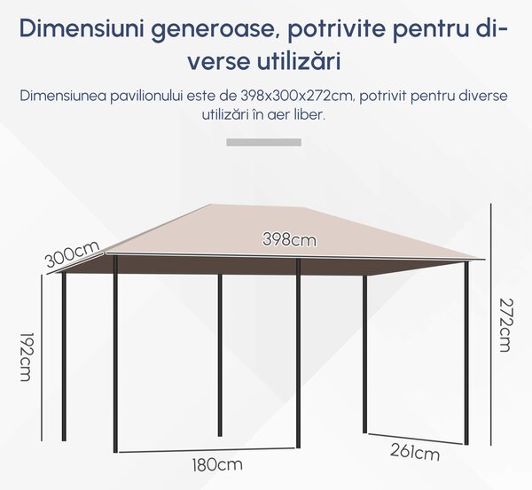 Outsunny Foisor de Gradina cu Prelata in Poliester 6 Pereti Detasabili 12 Paleti Schelet in Metal Bej 400 x 300 x 264 cm | Aosom Romania