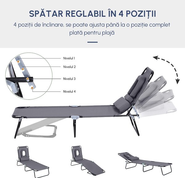 Sezlong Relax Outsunny Pliabil din tesatura Oxford respirabila, structura din otel, Gri | Aosom RO