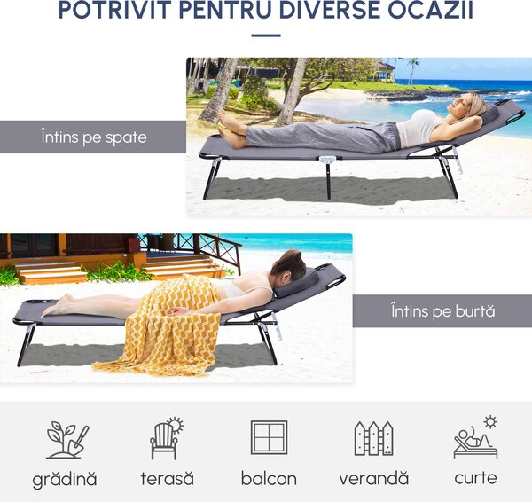 Sezlong Relax Outsunny Pliabil din tesatura Oxford respirabila, structura din otel, Gri | Aosom RO