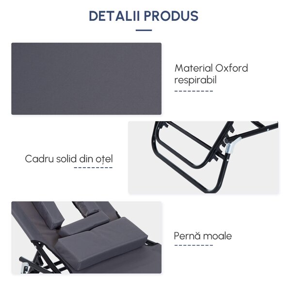 Sezlong Relax Outsunny Pliabil din tesatura Oxford respirabila, structura din otel, Gri | Aosom RO