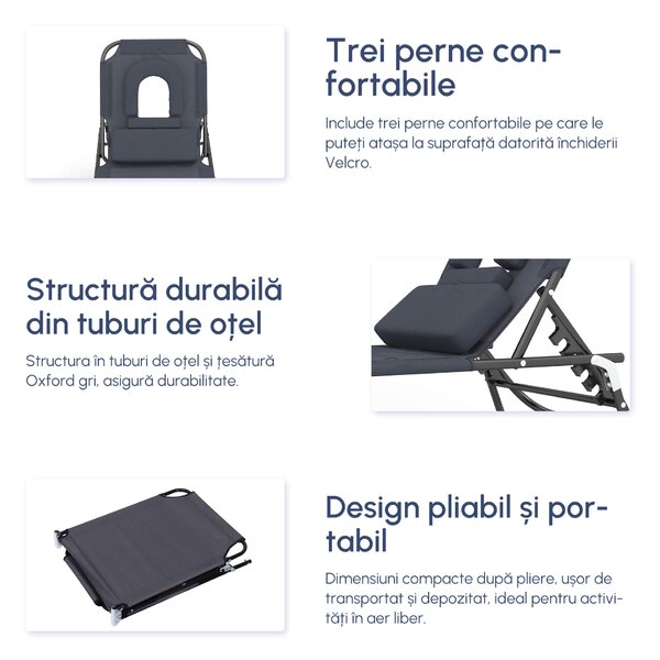 Sezlong Relax Outsunny Pliabil din tesatura Oxford respirabila, structura din otel, Gri | Aosom RO
