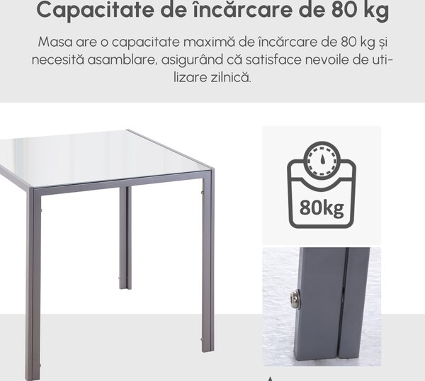 HOMCOM Masă Bucătărie pentru 4 Persoane din Metal și Sticlă Securizată, 75x75x75 cm, Gri | Aosom Romania