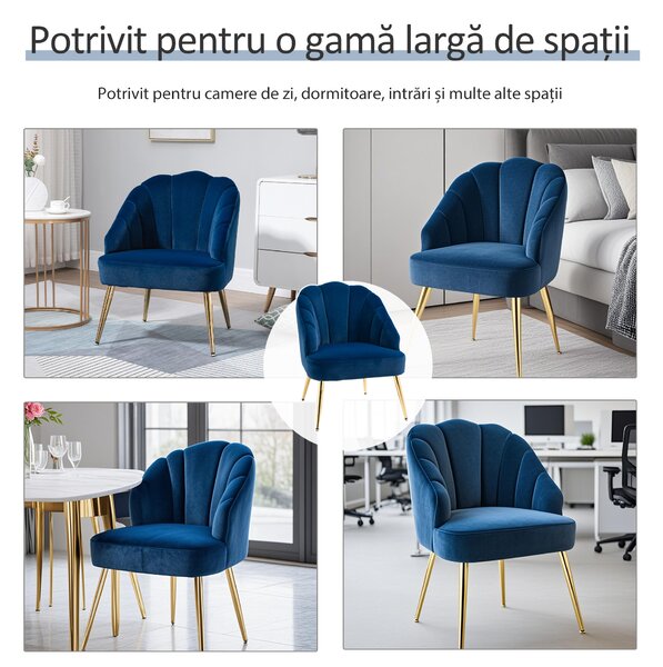 HOMCOM Fotoliu din Catifea cu Spătar în Formă de Scoică, Fotoliu din Catifea cu Picioare Aurite din Oțel, 63x65x84 cm, Albastru | Aosom Romania