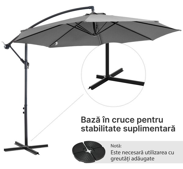 Outsunny Umbrelă Descentralizată pentru Exterior, Gri, Manivelă, Oțel și Poliester Anti-UV, Φ300x250cm | Aosom Romania