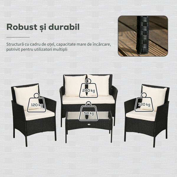 Outsunny Set Mobilier Grădină Ratan 4 Piese, 2 Scaune, Fotoliu 2 Locuri, Măsuță Cafea, Negru Crem | Aosom Romania