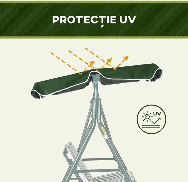 Outsunny Balansoar de Gradina 3 Locuri Acoperis Parasolar si Structura din Otel si Poliester, 172x110x153 cm, Alb si Verde | Aosom Romania
