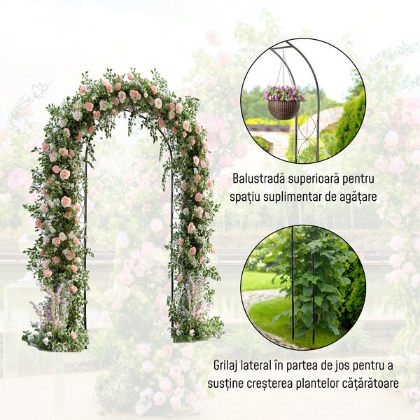 Outsunny Arc pentru Trandafiri și Plante Cățărătoare din Oțel, Arc de Grădină cu Suport pentru Plante, 114x30x230 cm, Negru | Aosom Romania