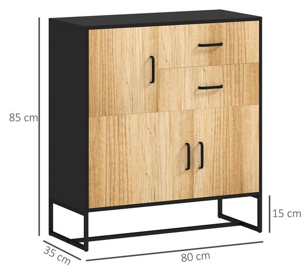 HOMCOM Bufet Modern de Depozitare cu 3 Dulapuri și 2 Sertare din Pal Melaminat și Oțel, 80x35x88 cm, Lemn Natural | Aosom Romania