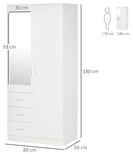 HOMCOM Dulap Garderobă Modern cu Oglindă și 3 Sertare, Rafturi Reglabile, Bară Umerașe, 80x50x180cm, Alb | Aosom Romania