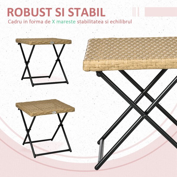Outsunny Masuta pentru Gradina Pliabila din Ratan Sintetic si Otel, Masuta pentru Exterior Economie Spatiu 40x40x40cm, Culoare Ratan Natural