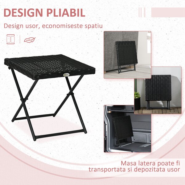 Outsunny Masuta pentru Gradina Pliabila din Ratan Sintetic si Otel, Masuta pentru Exterior Economie Spatiu 40x40x40cm, Negru