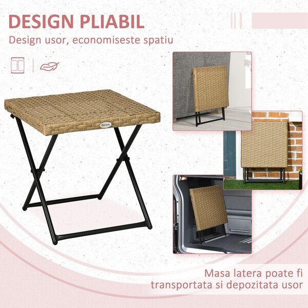 Outsunny Masuta pentru Gradina Pliabila din Ratan Sintetic si Otel, Masuta pentru Exterior Economie Spatiu 40x40x40cm, Culoare Ratan Natural