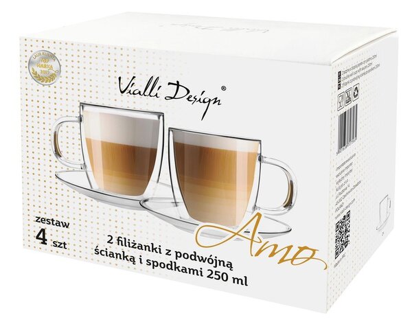 Set 2 pahare din sticlă cu perete dublu și farfurioară Vialli Design, 250 ml